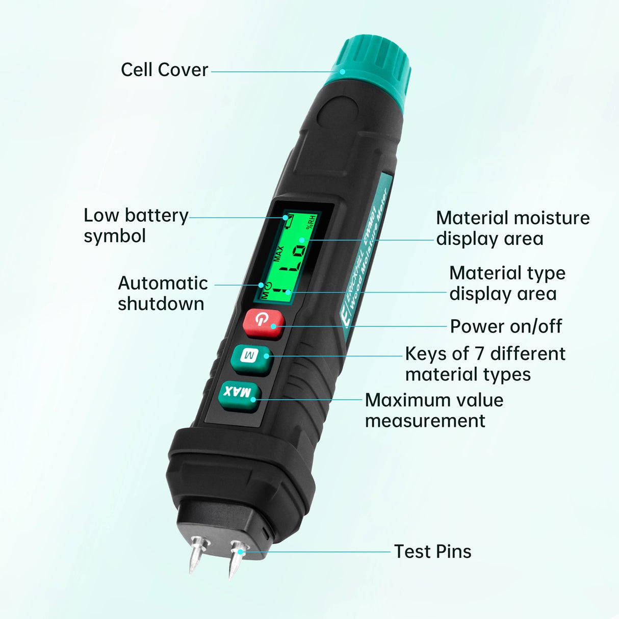 ERICKHILL Meter Lembapan Kayu Digital Jenis Pen dengan Paparan LCD. Kayu - Konkrit +