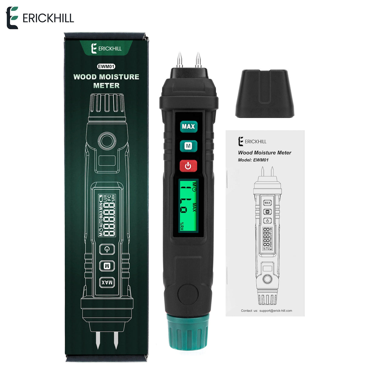 ERICKHILL Pengukur Kelembapan Kayu Digital Tipe Pena dengan Layar LCD. Kayu - Beton +