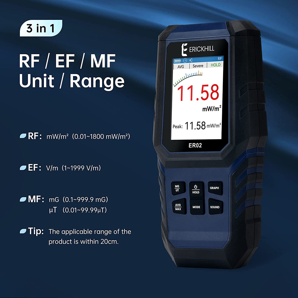 ERICKHILL Hand-held Rechargeable 3 in 1 Digital LCD EMF Detector - ExtremeMeters.com