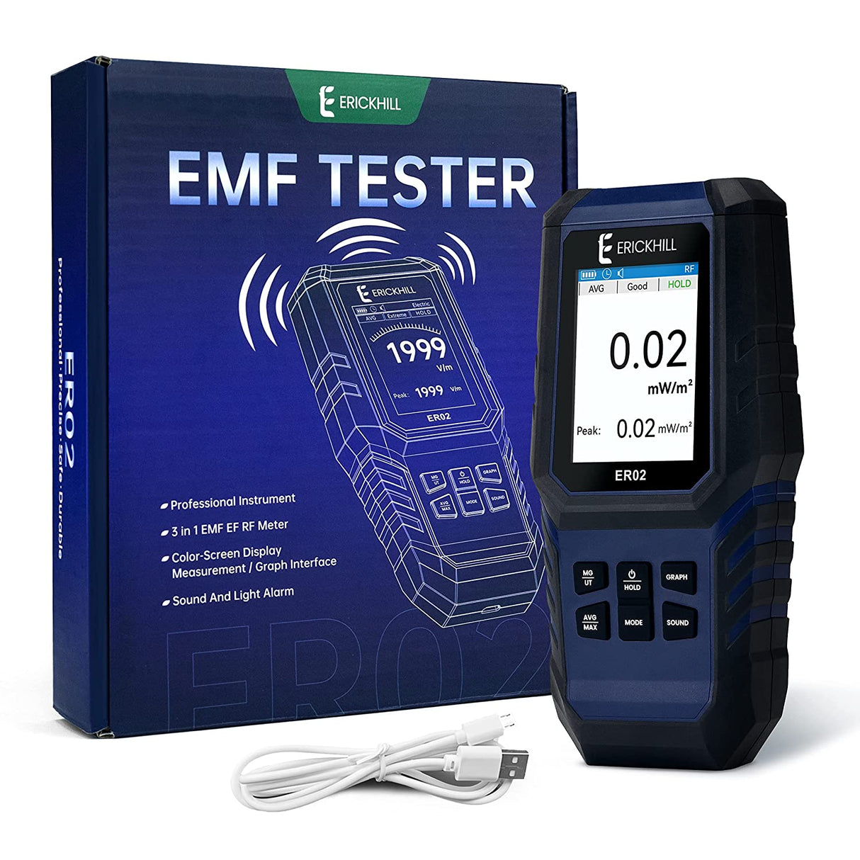 ERICKHILL Hand-held Rechargeable 3 in 1 Digital LCD EMF Detector - ExtremeMeters.com